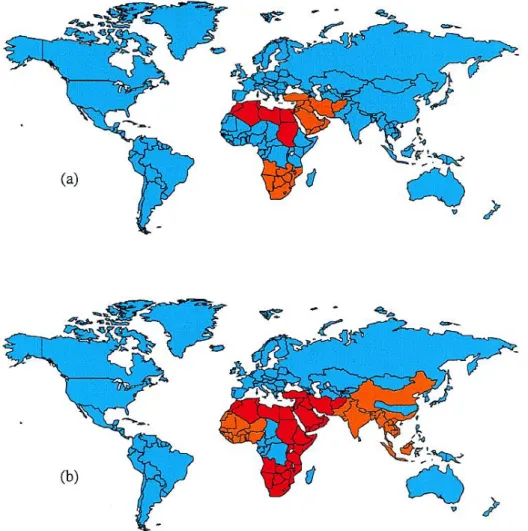 Figura 6: Escassez global de água (a) e (b) em 2050. Regiões são codificados de acordo com  seus recursos de água doce renovável per capita anual (Fischer e Heilig, 1997 retirado de 