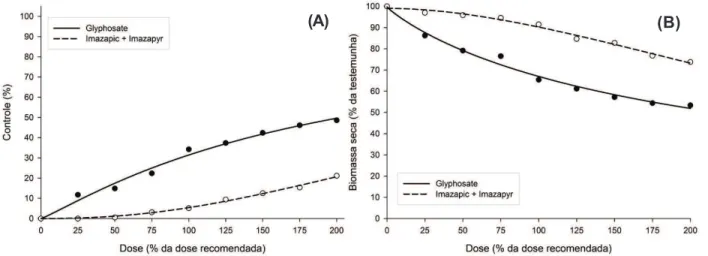 Figura 2 - Percentual de controle (A) e redução da biomassa (B) de plantas perenizadas de Hymenachne amplexicaulis por diferentes doses dos herbicidas imazapic (175 g e.a