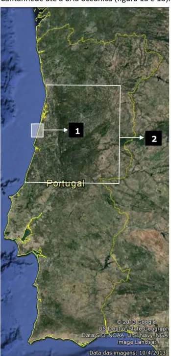 Figura 1a –  Mapa de Portugal. 1  – Praia de Mira; 2 – Zona compreendida entre as áreas de  Jurisdição das Capitanias dos Portos da Nazaré, ponto mais a Sul, e Douro, ponto mais a Norte,  área para a qual se encontram licenciadas as redes majoeiras