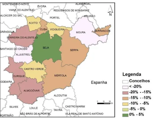 Fig. 12 - Taxa de Variação da População Residente, por concelho – Baixo Alentejo - 1991-2011  (Fonte: INE, 2012) 
