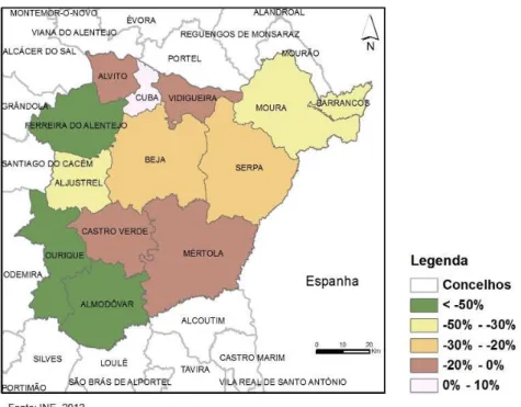 Fig. 14  –  Taxa de Variação da População Agrícola Familiar, por concelho  –  Baixo Alentejo - 1989- 1989-2009 