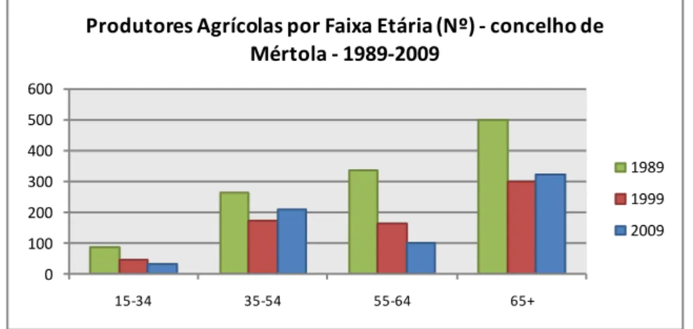 Fig. 17 - Produtores Agrícolas por Faixa Etária (Nº) - concelho de Mértola - 1989-2009  (Fonte: INE, 2012) 