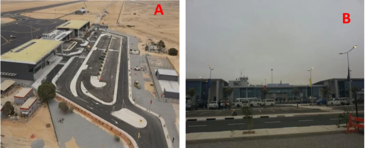 Fig. 17. (A) Aeroporto Yuri Gagarin-Namibe (vista decima), (B) Aeroporto Yuri Gagarin  (vista frontal)