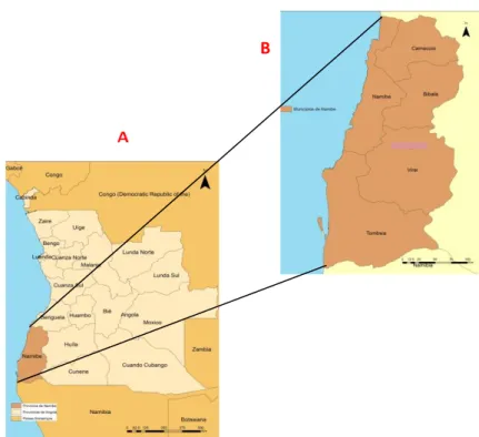Fig. 13. (A) Localização da província do Namibe, (B) Municípios do Namibe, Fonte: 