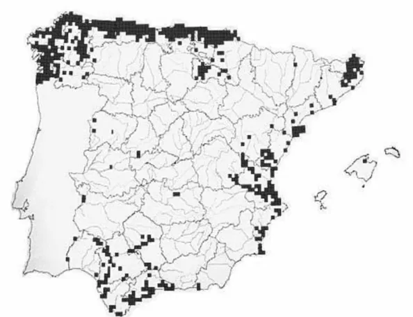 Figure 1.4. Eel distributional range in mainland Spain and Mediterranean Islands in 2001  (Doadrio 2001)