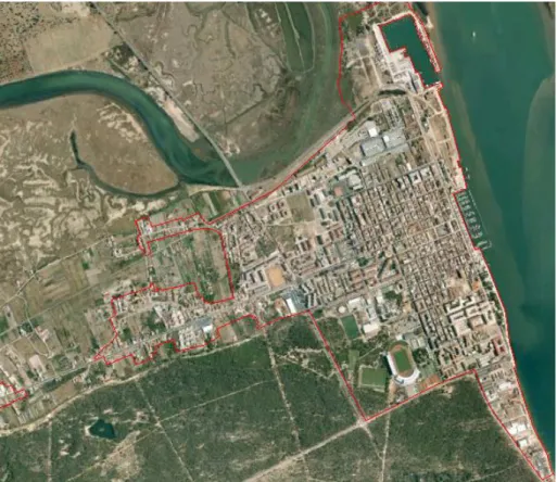 Figura 12: Delimitação do perímetro urbano vigente na freguesia de Vila Real de Santo António   Fonte: Google Earth adaptado 