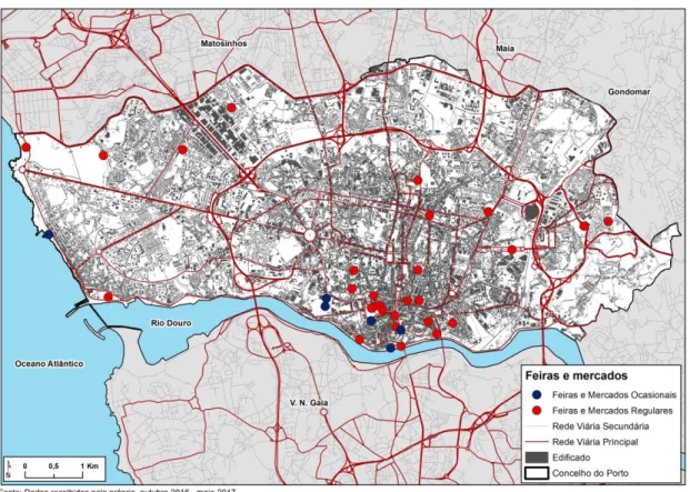Figura 15- Localização das feiras e mercados regulares e ocasionais na cidade do Porto, 2017 