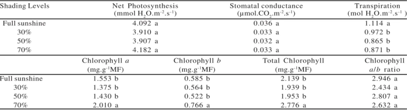 Table 1 – Net photosynthesis (A), stomatal conductance (Gs), transpiration, chlorophylls a, b and total contents (mg.g -