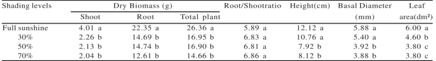 Table 2 – Shoot, root, and total plant dry biomass, root/shoot ratio, average values of height, basal diameter, and leaf area of T