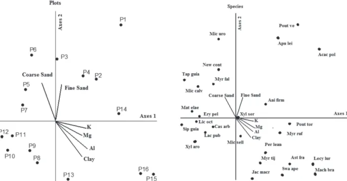 Figure 1 – Diagram showing the ordination of plots and species after canonical correspondence analysis in subsurface soil (10 - 20 cm ), based on the distribution of arboreal species density in 16 plots under Submontane, semideciduous forest (Mata do Mumba