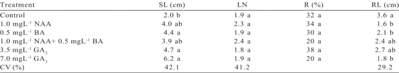 Tabela 2 – Plântulas germinadas de E. oleifera x  E. guineensis híbrido Manicoré in vitro com 75 dias de cultivo.