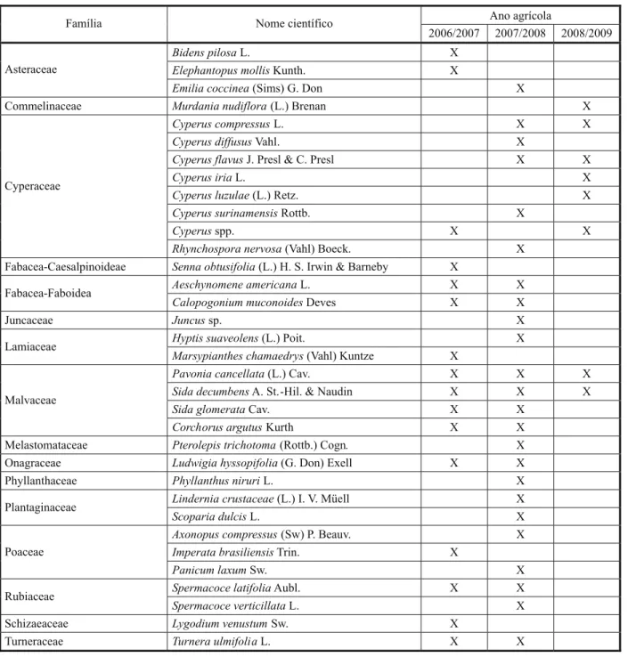 Tabela 1 - Principais plantas daninhas identificadas nos anos agrícolas de 2006/2007 (com área preparada com o corte e queima e cultivada com feijão-caupi) e 2007/2008 e 2008/2009 (com preparo da área com arado cultivada com mandioca e feijão-caupi, respec