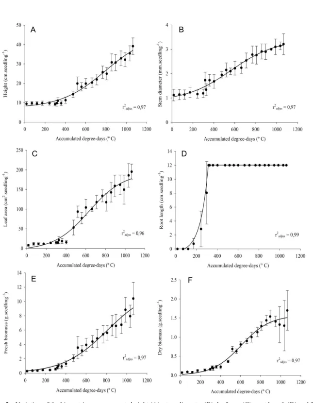 Figure 2 – Variation of the biometric measurements height (A), stem diameter (B), leaf area (C), root length (D) and fresh (E) and dry biomass (F) in function of the accumulation of degree-days and obtaining mathematical models, in Eucalyptus clones.