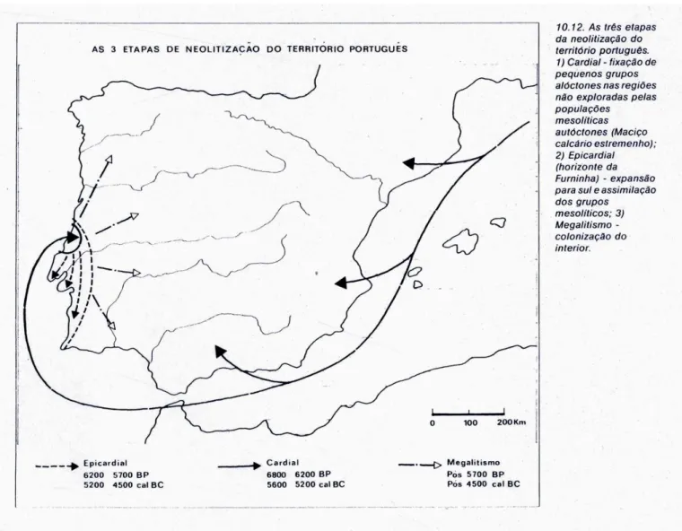 Fig. 49. A progressão do Neolítico em território português (Zilhão, 1992, p. 156). 