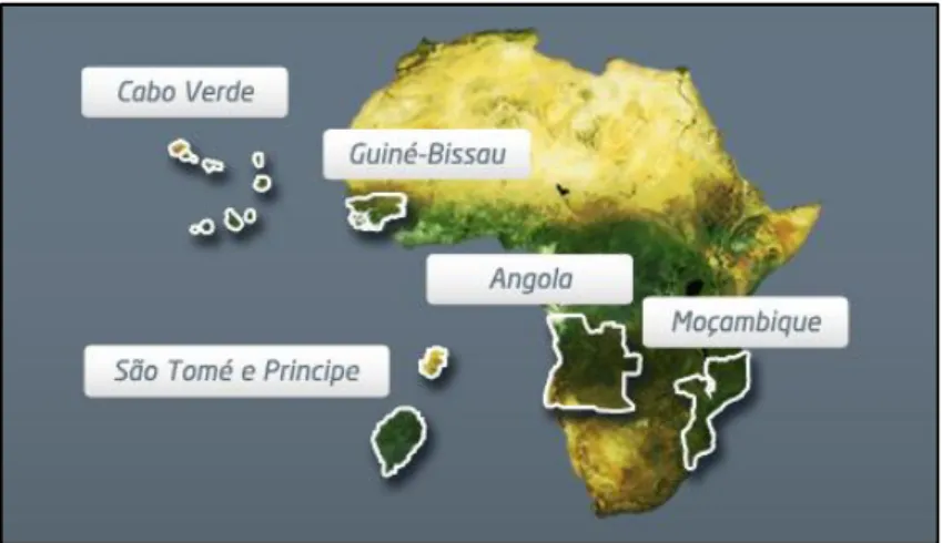 Figura 4: Países Africanos de Língua Oficial Portuguesa. (Fonte: http://www.legis-palop.org/bd/Base de dados  oficial dos PALOP, consultado a 08.06.2015) 