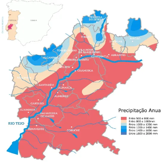 Figura 7. Distribuição da precipitação média anual na região do Ribatejo (CVRTejo, 2018)