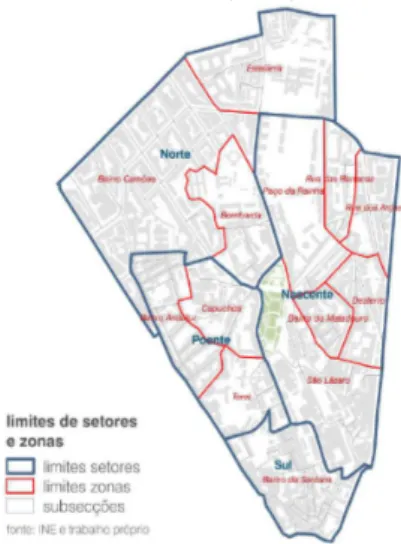 Figura 4: Limites dos bairros e delimitação  das 4 zonas: Norte, Sul, Poente e Nascente