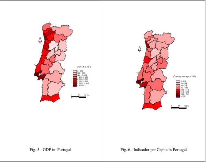 Fig. 5 - GDP in  Portugal  Fig. 6 - Indicador per Capita in Portugal 050100 Km0 - 300[300 - 900[900 - 1 400[1 400 - 2 000[2 000 - 3 250[3 250 - 5 000[5 000 - 10 000[&gt; 10 000GDP  (€ x 10  )6NN0 - 25[25 - 50[50 - 75[75 - 100[ 100 - 110[110 - 120[120 - 130