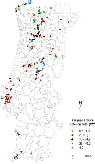 Figura 1. Localização de Parques eólicos em Portugal Continental (2007). 