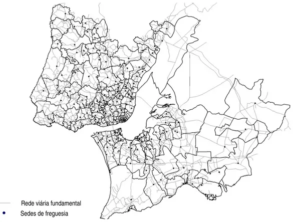 Figura II.16 - Rede viária na Grande Área Metropolitana de Lisboa e localização das sedes de freguesia 