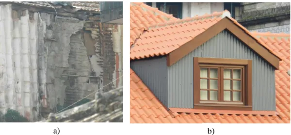 Figura 19 - Exemplo de parede exterior em tabique revestida a a) telhas cerâmicas (Vila Real) e b) Chapas  metálicas (Amarante)