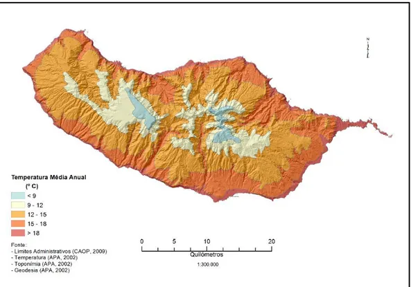 Figura 5 – Distribuição espacial da temperatura média anual da Madeira  
