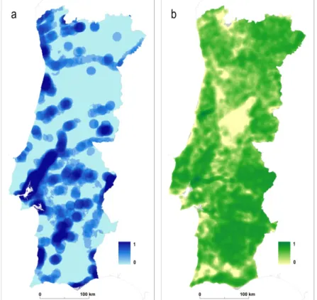 Figura 2.3 – Disponibilidade e adequabilidade de zonas húmidas (a) e adequabilidade de uso de     solo agrícola (b)  (fonte dos dados: Capinha, 2009)