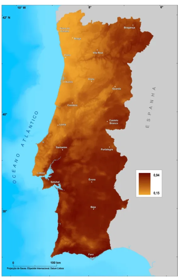 Figura 2.5 – Modelo preditivo de adequabilidade de habitat de Anopheles atroparvus para  Portugal Continental 