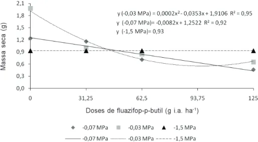 Figura 4 - Massa seca de plantas de B. plantaginea submetidas a diferentes manejos hídricos com aplicação do herbicida fluazifop-p-butil, em quatro doses distintas, após 14 dias em plantas no estádio de 2-3 perfilhos