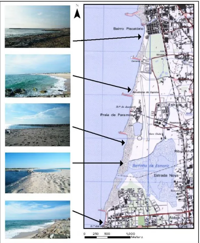 Figura 2 – Diferentes fotografias obtidas no terreno (fonte própria 05/06/11) e excerto da carta militar nº143 série M888 1/25000 (fonte IGeoE) 