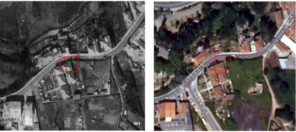 Figura 4 e 5 - Georreferenciação da fotografia aérea de 1974 com base no ortofotomapa de 2007 