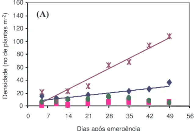 Figura 4 - Densidade das principais espécies daninhas em diferentes épocas após a emergência da soja cultivada em áreas com (A) baixa infestação (plantio direto), (B) média infestação (plantio convencional) e (C) alta infestação (plantio convencional) de p