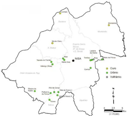 Figura 9. Localização das ocorrências de Urânio, Volfrâmio e Ouro no concelho de Nisa