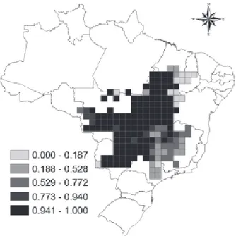 Figure 1 – Histogram evaluating the average percentage of loss in distribution of useful plant species for Cerrado until 2080, based on ensemble forecast of methods, Atmosphere Ocean General Circulation Models (AOGCMs) and carbon emission scenarios.