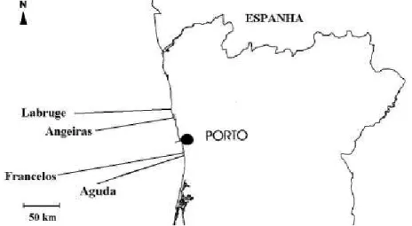 Figura 8- Detalhe da região Norte de Portugal Continental com a posição   relativa das quatro praias amostradas (Aguda, Francelos, Angeiras e Labruge)