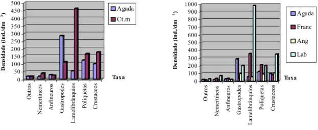 Figura  10  e  11  –  Distribuição  da  densidade  dos  indivíduos  pelos  diferentes  grupos  taxonómicos  identificados  nas  quatro  amostragens  realizadas  na  Aguda  comparativamente  com as três praias controlo (Franc – Francelos, Ang – Angeiras, La