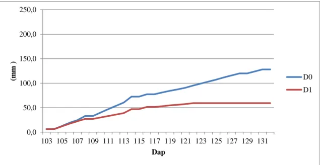 Figura  18  –  Consumo  de  água  cumulativo  para  o  período  entre  103  e  132  DAP,  para  os  tratamentos Do e D1, no campo experimental de Mouchão