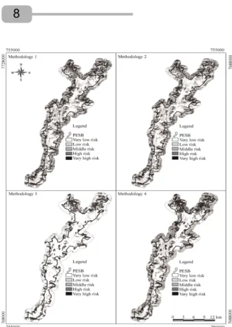 Figure 1 – Risk maps of vegetation fires in the Serra do Brigadeiro State Park and surroundings through 4 methodologies used.