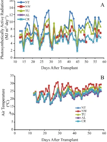 Figure  2  - Incident photosynthetically active radiation [A] and mean daily air temperatures [B] during the cycle of Raider Plus and Lucy Brown Iceberg lettuces cropped in natural conditions (NT) and under nonwoven (NW), low tunnel (TU), Aluminet 40-O® (A