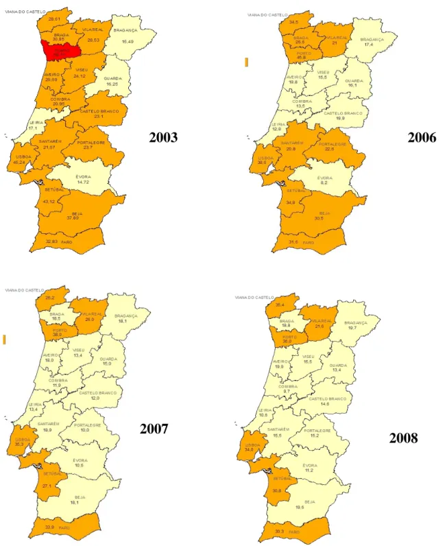 Figura 7 – Taxa de Incidência da TB em Portugal Continental em 2003, 2006, 2007 e 2008: Distritos com  incidência &gt;50,0/100.000 habitantes a encarnado, intermédia (&gt;20,0-49,0/100.000 hab.) a laranja e  distritos com baixa incidência (&lt;20,0/100.000