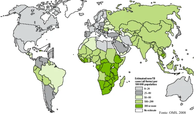 Figura 3 – Estimativas da taxa de incidência de tuberculose por país em 2006 (World Health  Organization, 2008a) 