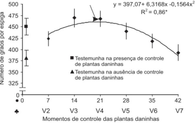 Figura 7 - Número de grãos por espiga de milho sob diferentes épocas de controle das plantas daninhas, na média das épocas de aplicação do nitrogênio