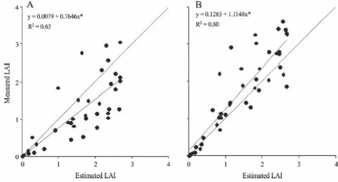 Figure 3 - Test of estimated leaf area index throughout the cycle by the modified sigmoidal model for the crop years of 2009/10 (A) and 2010/11 (B) (p&lt;0.05)