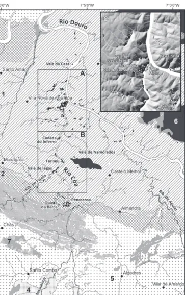 Fig. 3 – Localização dos painéis com motivos  paleolíticos e sidéricos, com indicação da área do  primeiro modelo preditivo (A) e da sua validação  externa (B), no seu contexto geológico: 1) Formação  de Desejosa; 2) Formação de Pinhão; 3) Formação  de Rio