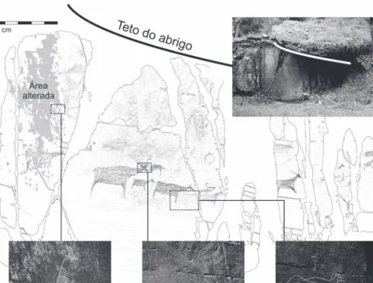 Fig. 8 – Vale de José Esteves 16 parcialmente protegido por um abrigo rochoso (levantamento de Fernando Barbosa  em Baptista, 2009): a) com o exemplo de um motivo tardiglaciar afetado por degradação; b) veado tardiglaciar não  degradado; c) canídeo da Idad