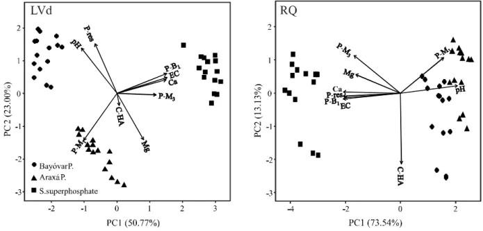 Figure 3 - Principal component analyses between P contents extracted by Bray-1 (P-B1), Mehlich-1 (P-M1), Mehlich-3 (P-M3), Resin (P-res), exchangeable contents of Ca and Mg, electrical conductivity (EC), pH in water and humic acid carbon concentrations (C-