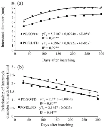 Figure 2 - Diameters of the ‘Seleta’ orange (SO) and Rangpur Lime (RL) interstocks, measured 5 cm above the line of inarching, from 30 to 300 days after inarching (a), and differences between the stem diameter of the interstocks relative to the Flying Drag