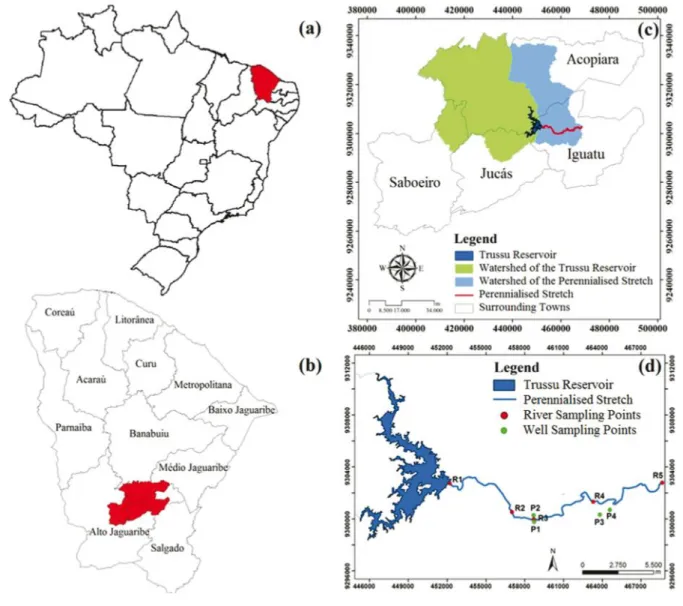 Figure 1 - (a) State of Ceará, Brazil; (b) Upper Jaguaribe River basin, Ceará; (c) Location of the watershed of the Trussu reservoir and of the perennialised stretch in the four municipalities in which it is located; (d) Location of the collection points f