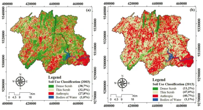 Figure 2 - Classification maps of land use and ground cover in the watershed of the Trussu Reservoir and the perennialised stretch of the river for the two time periods under study: (a) 2003 and (b) 2013