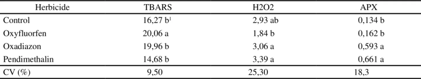 Table 4 - Lipid peroxidation in terms of thiobarbituric acid reactive species (TBARS) (nM MDA g -1  FW), hydrogen peroxide content (H 2 O 2 ) (mM g -1  FW) and activity of ascorbate peroxidase (APX) (AU mg protein -1  min -1 ) in rice plants subjected to t